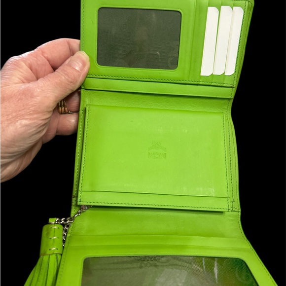 MCM Neon Green Leather Tri-Fold Wallet with Tassel - Picture 5 of 7